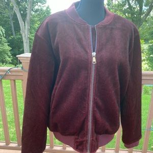 Cute furry burgundy long sleeve jacket. Gently worn. Size L.
